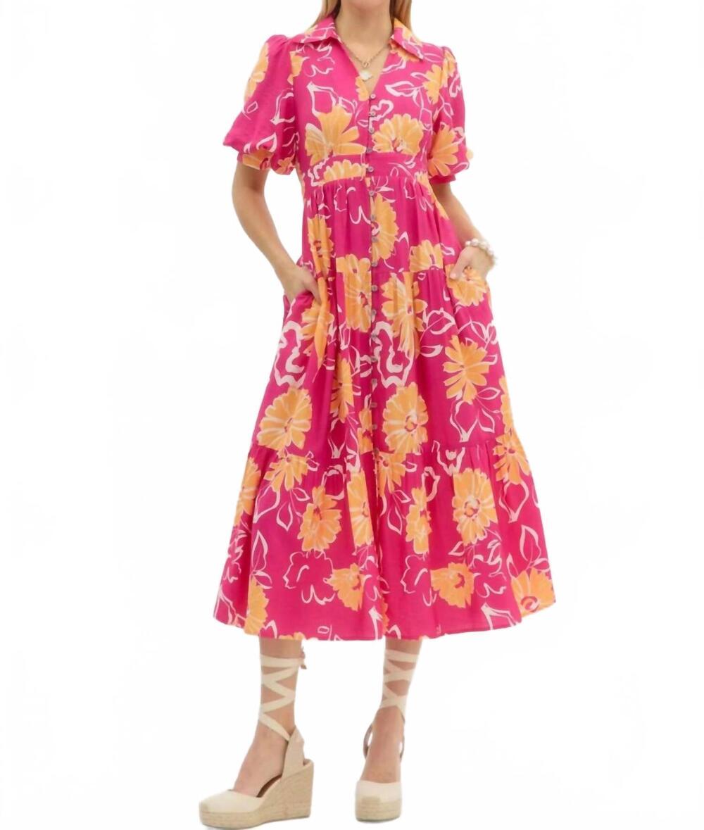 NEW ENTRO floral print tiered midi dress in hot pink